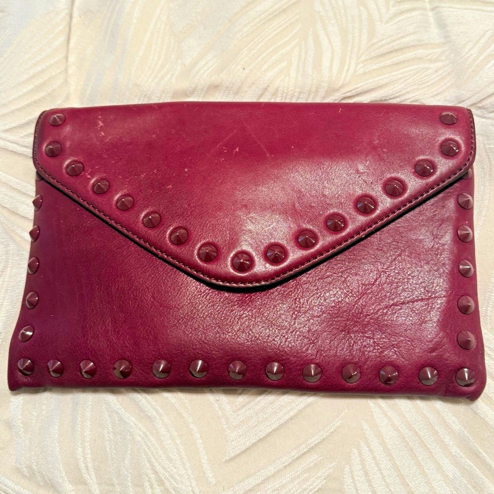 J.CREW Burgundy Studded Envelope Clutch Crossbody Bag Detachable Chain Strap